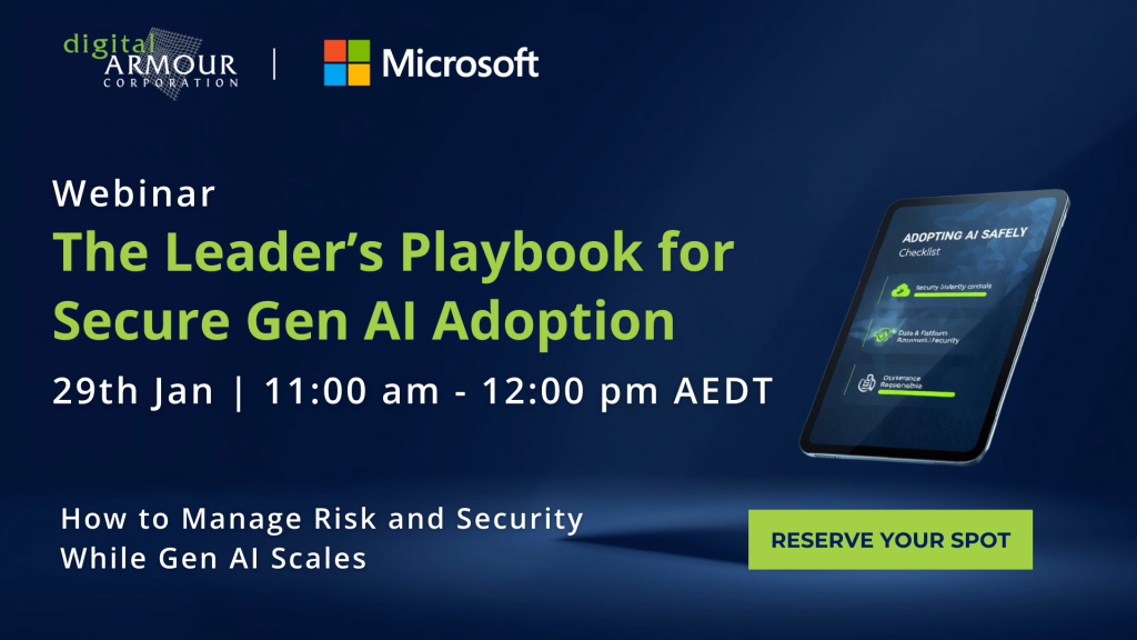 Promotional image for a webinar titled The Leader’s Playbook for Secure Gen AI Adoption, featuring the event date, time, and a graphic of a digital checklist on a tablet.