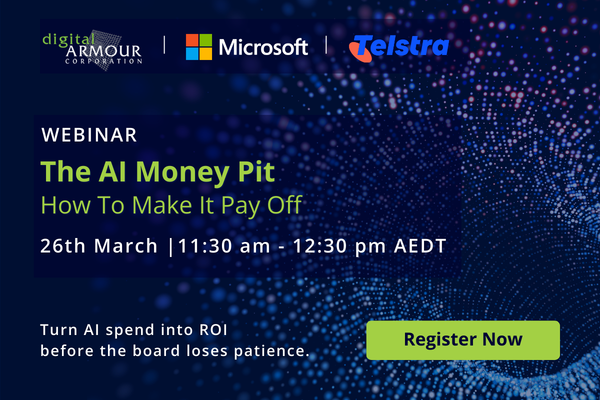 A dark blue tech-themed webinar graphic with bright dotted waves, featuring logos and text promoting an AI event titled ‘The AI Money Pit’ with date, time, and a green button that says Register Now.